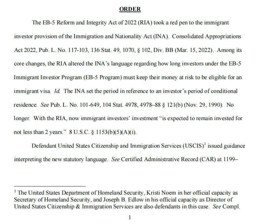 美国哥伦比亚特区联邦地区法院就IIUSA诉美国公民及移民服务局（USCIS）一案作出裁定——备受投资人关注的EB-5资金维持期仍为2年不变。