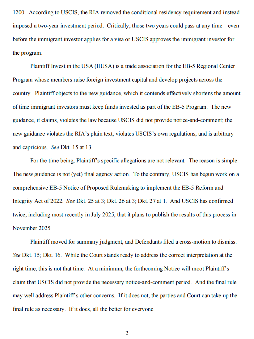 美国哥伦比亚特区联邦地区法院就IIUSA诉美国公民及移民服务局（USCIS）一案作出裁定——备受投资人关注的EB-5资金维持期仍为2年不变。